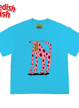 浅湖蓝色！艺术斑点狗嘻哈rap美式原创240g纯棉oversize小众短袖T