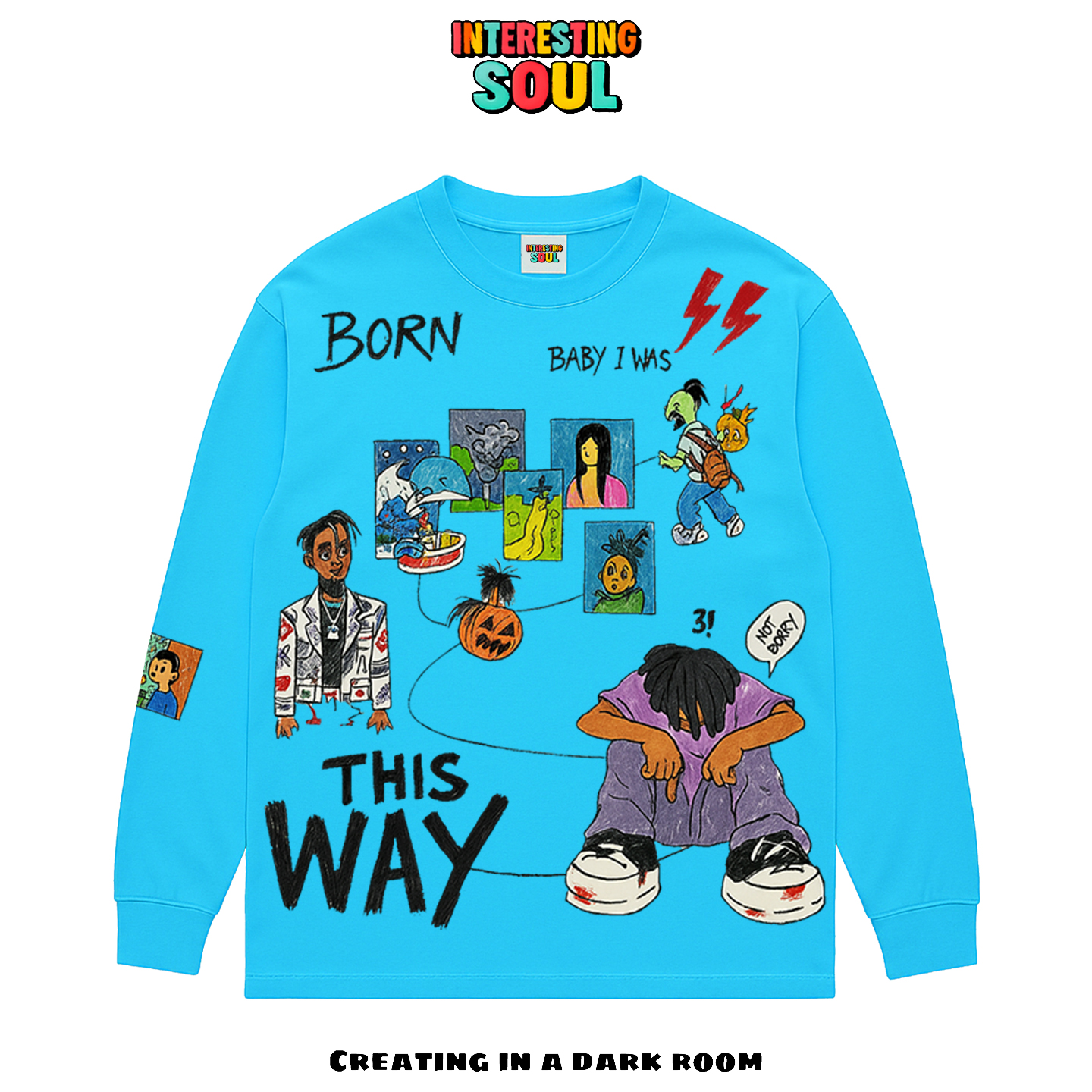 原创！美式街头嘻哈涂鸦拼接无性别穿搭oversize艺术家设计长袖T