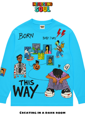 原创！美式街头嘻哈涂鸦拼接无性别穿搭oversize艺术家设计长袖T