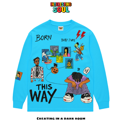 原创！美式街头嘻哈涂鸦拼接无性别穿搭oversize艺术家设计长袖T