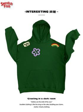 墨绿色！涂鸦花卉简约美式小众原创Style男女上衣插画连帽卫衣