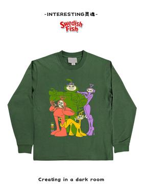 墨绿色！天线宝宝卡通恶搞vintage高街朋克穿搭原创设计长袖T恤