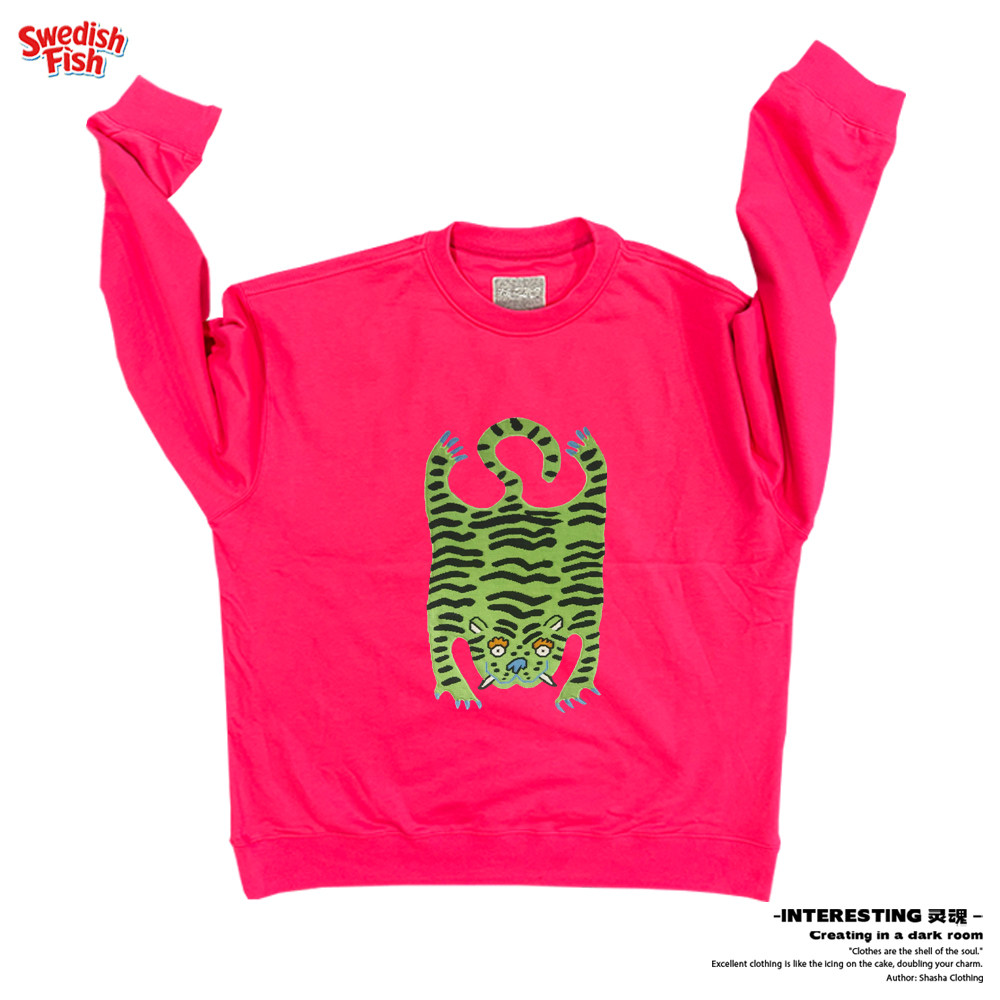 玫粉色！创意！虎纹平铺美式卡通条纹小众JHYQ潮流全棉圆领卫衣