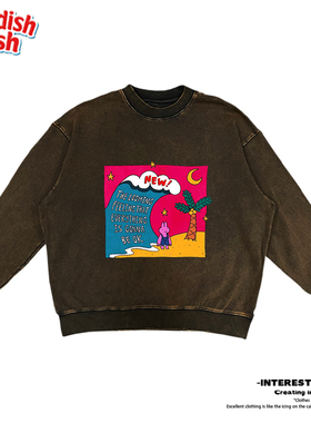 interesting灵魂 美式绘画卡通炒盐工艺重磅小众oversize圆领卫衣