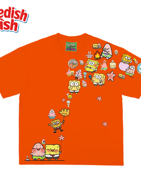 橙色！全棉卡通海绵宝宝涂鸦搞怪设计美式重磅240g短袖T恤JHYQ