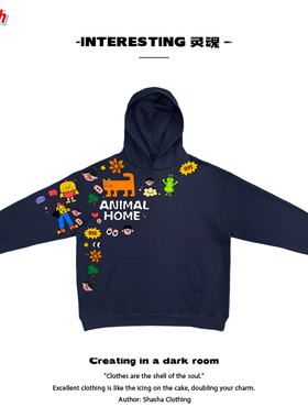 深蓝色！卡通拼接艺术潮流美式阿美咔叽oversize无性别连帽卫衣