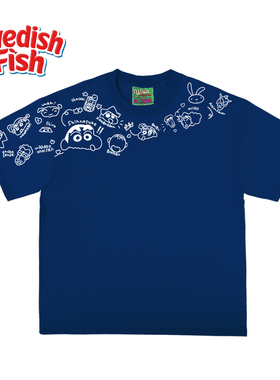 深蓝色！无性别卡通vintage街头奢潮穿搭纯棉落肩设计重磅短袖T恤