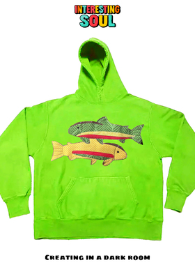 艺术家油画小鱼贴布！interesting灵魂！ins风小众无性别连帽卫衣