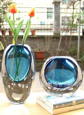 蓝色透明水晶玻璃花瓶摆件轻奢样板间客厅餐桌茶几水培琉璃花器