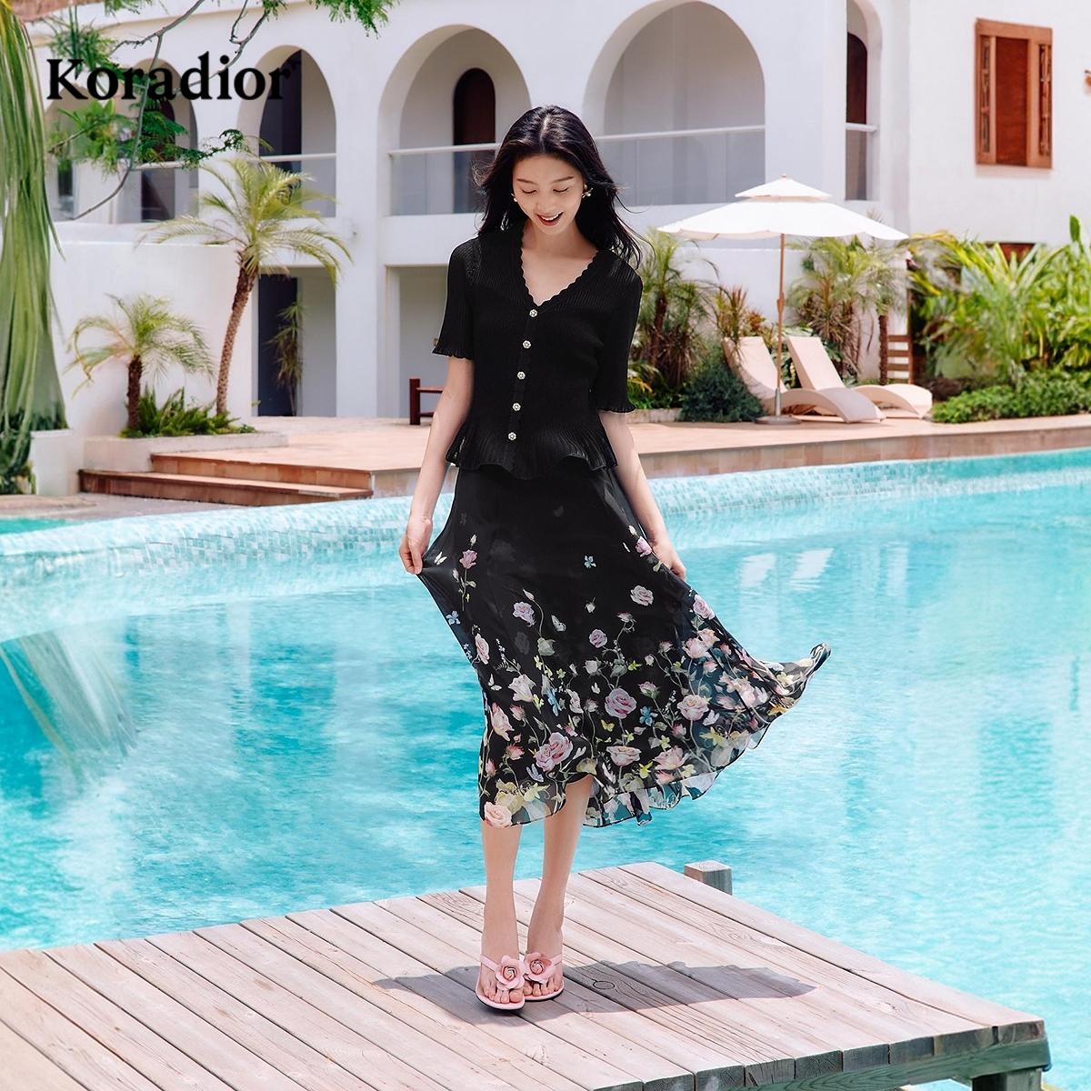【6A桑蚕丝】Koradior珂莱蒂尔商场同款25夏浪漫度假风玫瑰半身裙