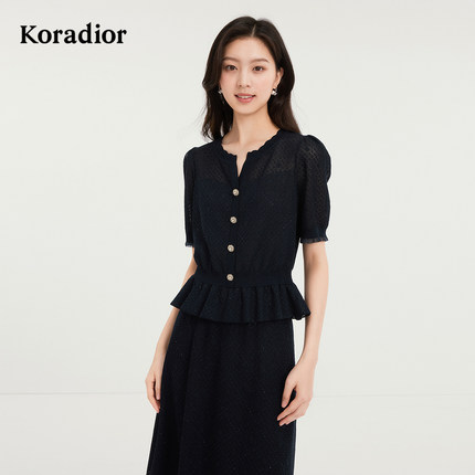 Koradior珂莱蒂尔商场同款2025秋新款气质荷叶边收腰显瘦针织衫女