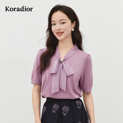 Koradior珂莱蒂尔商场同款夏通勤短袖针织衫气质甜美蝴蝶结上衣女