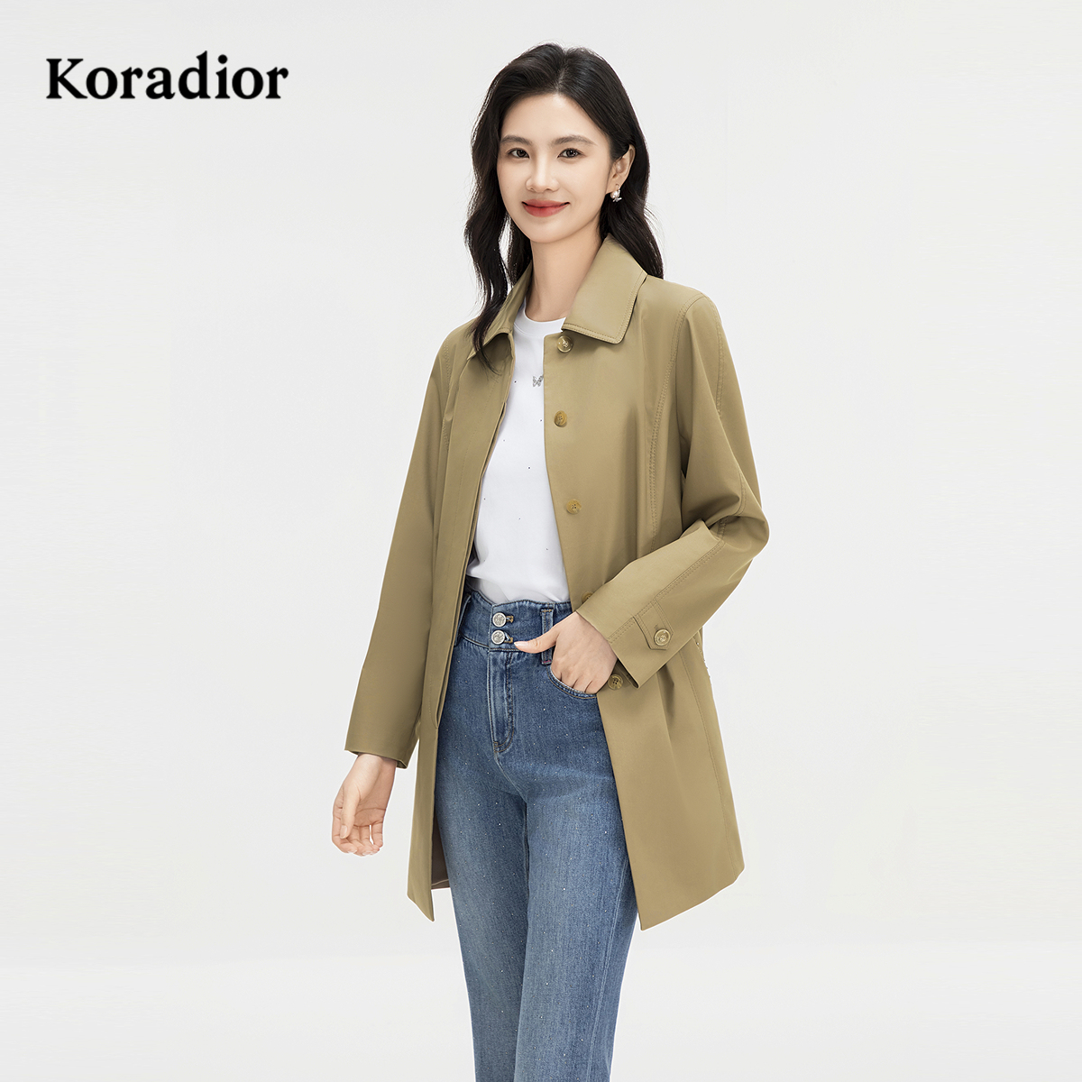 Koradior珂莱蒂尔商场同款2025春经典休闲百搭气质显瘦风衣外套女