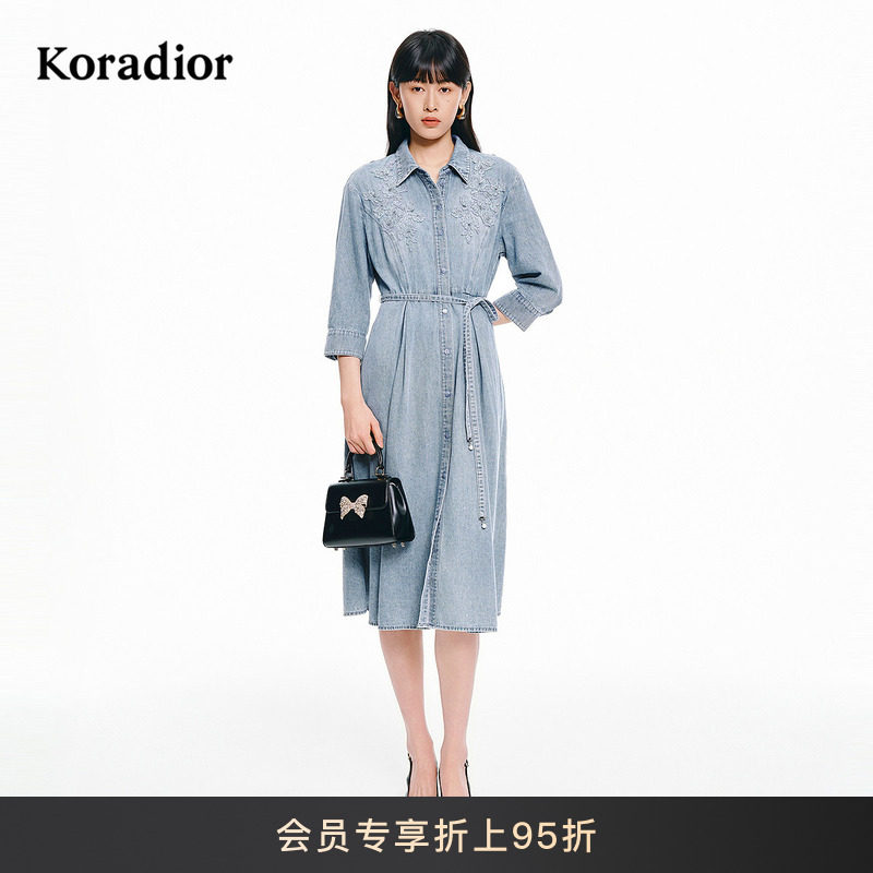 珂莱蒂尔精致蝶恋花蕾丝拼贴100棉牛仔收腰连衣裙女2026春新款,女装/女士精品,连衣裙,淘宝优惠券,粉丝福利购,淘宝优惠卷