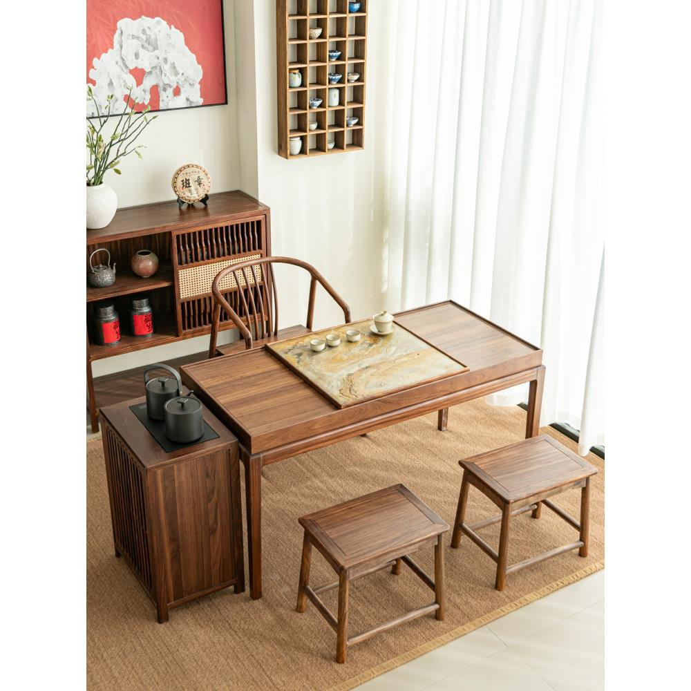 新中式纯实木茶桌椅组合2025高端北美黑胡桃茶台禅意茶室家用茶几