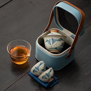 旅行茶具套装 便携式 办公室泡茶釉下彩手绘盖碗快客杯户外高端茶具