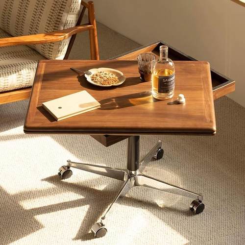 黑胡桃木全实木可升降沙发移动边几家用小户型收纳小茶几折叠餐桌