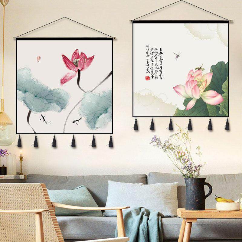新中式荷花九鱼图挂画布艺国画客厅沙发装饰画挂毯正方形餐厅壁画,居家布艺,挂毯/壁毯,淘宝优惠券,粉丝福利购,淘宝优惠卷