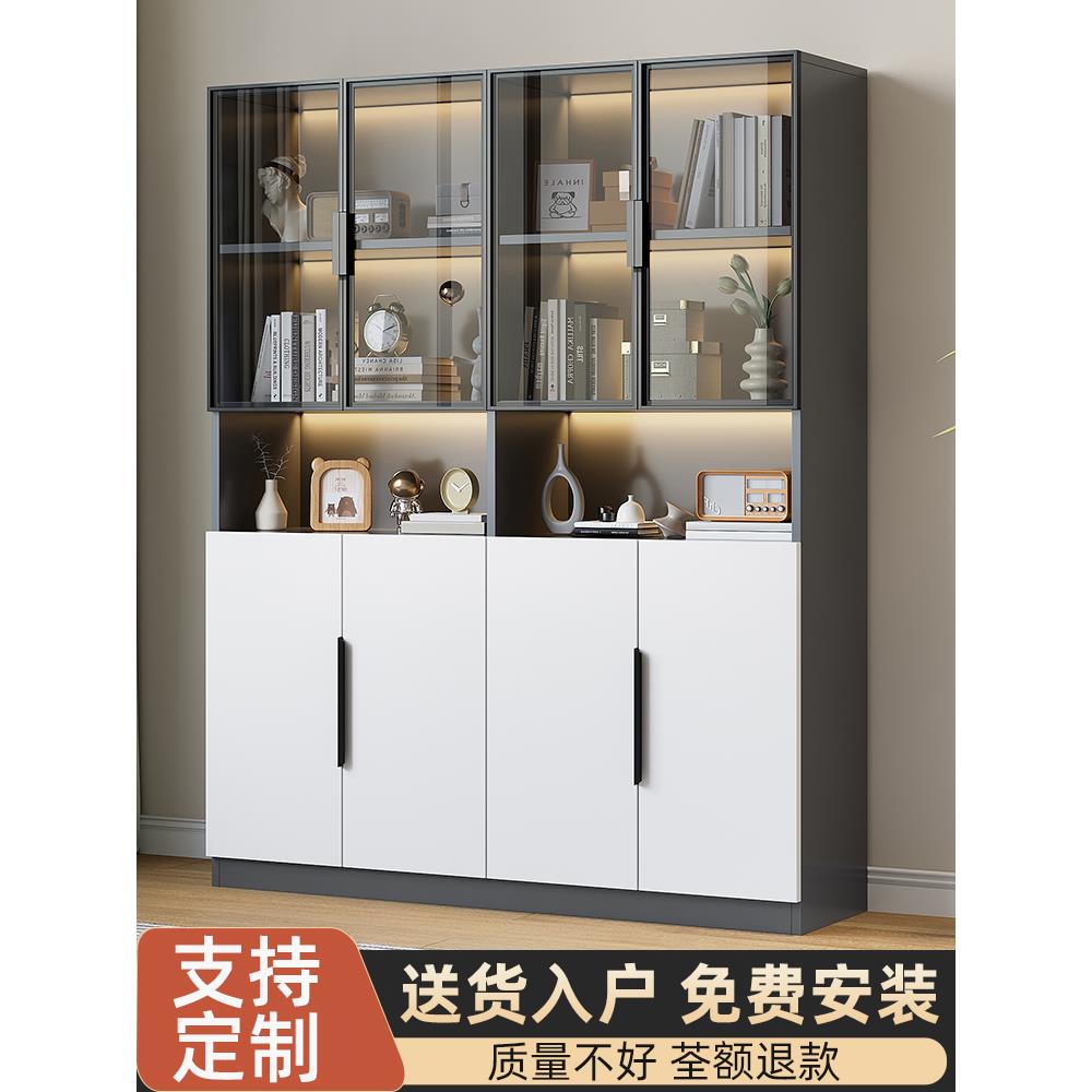 书柜带玻璃门防尘轻奢靠墙储物柜子手办展示柜陈列置物柜落地书架