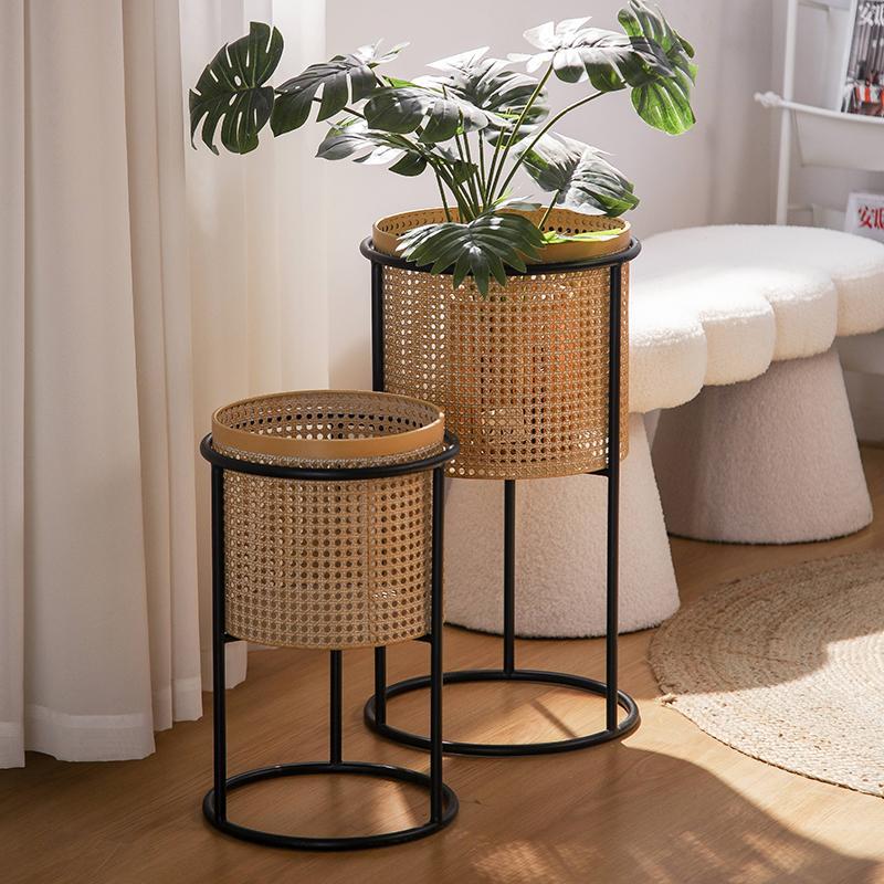 仿藤编花架现代轻奢日系客厅阳台室内铁艺落地移动设计绿植花盆架