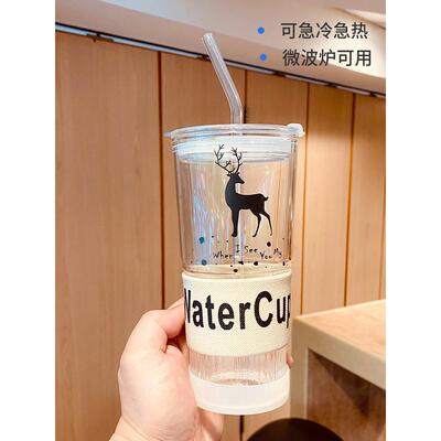 水杯玻璃杯吸管杯女士耐高温大容量办公室男士泡茶咖啡杯子650ml
