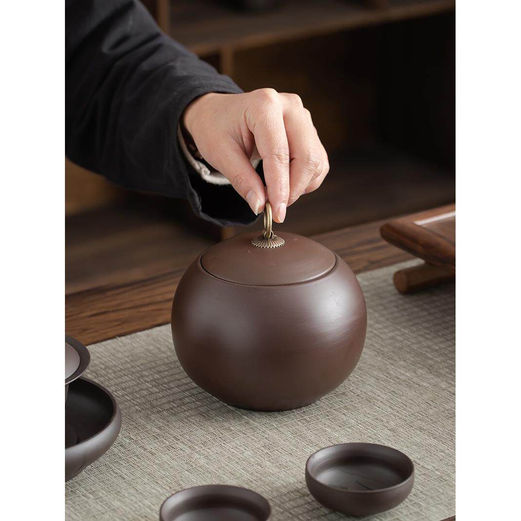 紫砂茶叶罐中号密封罐醒茶陶瓷普洱白茶圆形存储茶罐家用防潮盒子