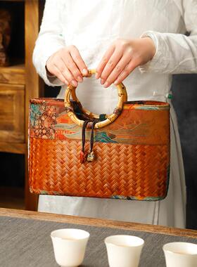 彷古中式宋锦竹编包旗袍手提篮茶具收纳盒旅行便携茶箱茶壶杯袋
