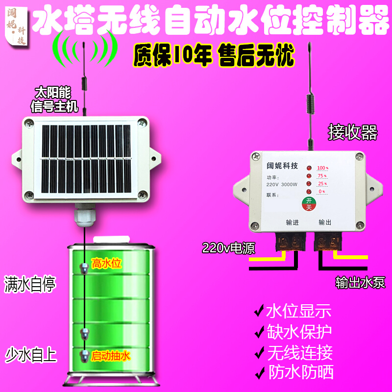 水塔无线自动上水开关水位控制器220v家用水箱液位显示感应抽水池