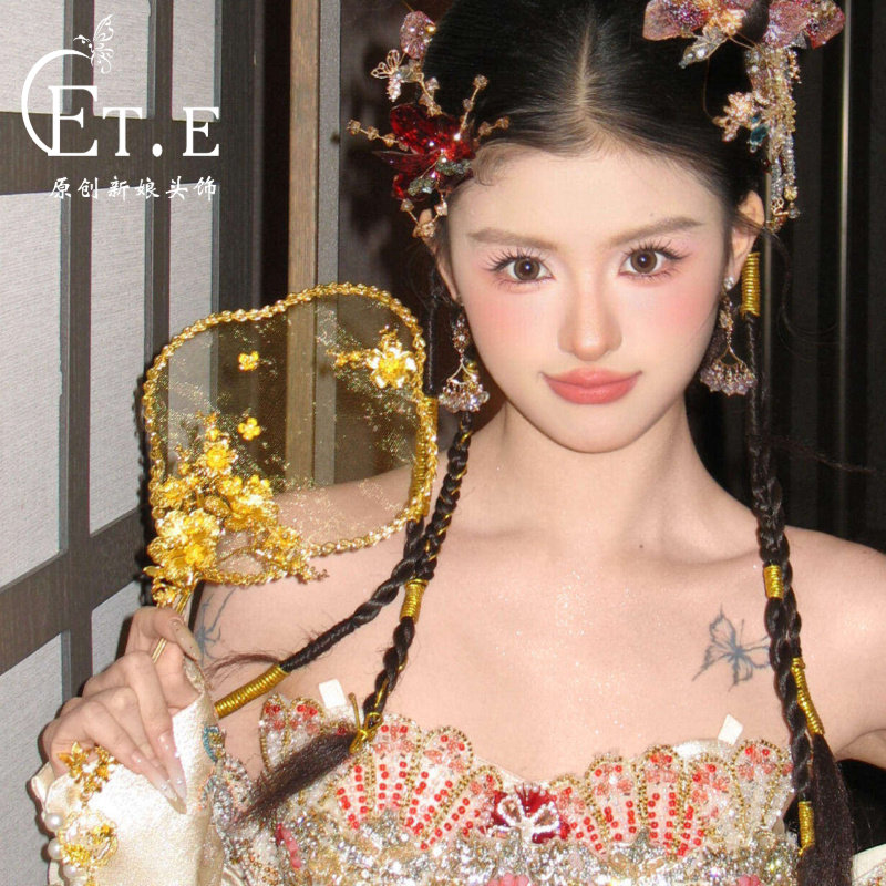 原创设计ETE新中式新娘团扇古风金色扇子秀禾服龙凤褂配饰品12129