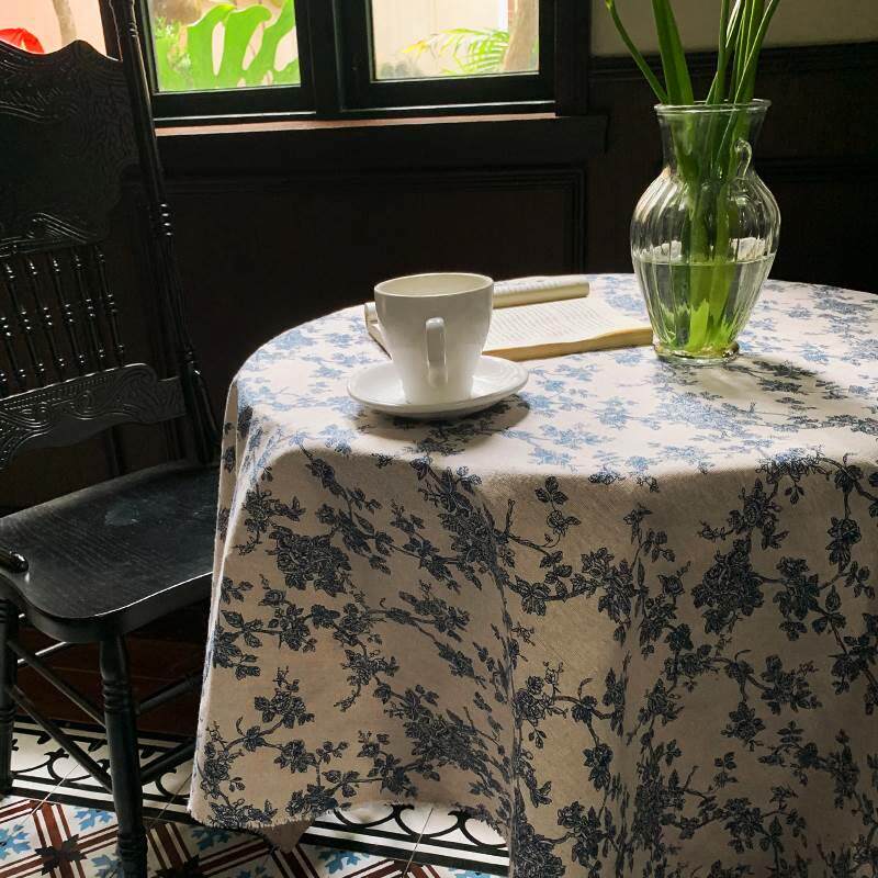 法式复古蓝色碎花圆桌布