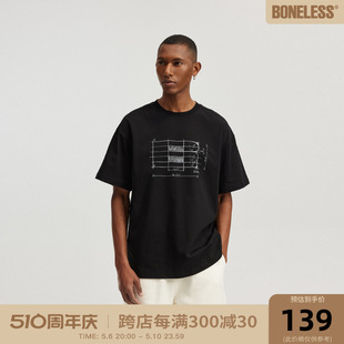 BONELESS手绘B字LOGO印花短袖T恤高街潮牌男女夏季纯棉半袖上衣