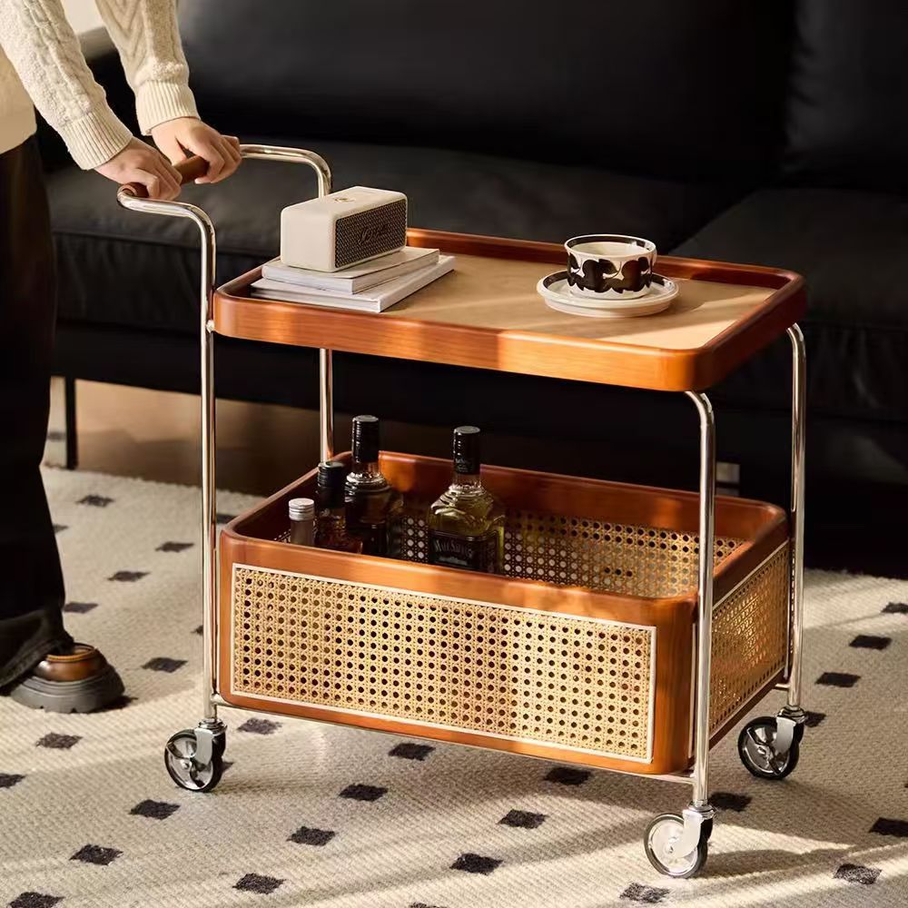 中古实木边几可移动小户型高级藤编极简复古侘寂风沙发茶几小推车