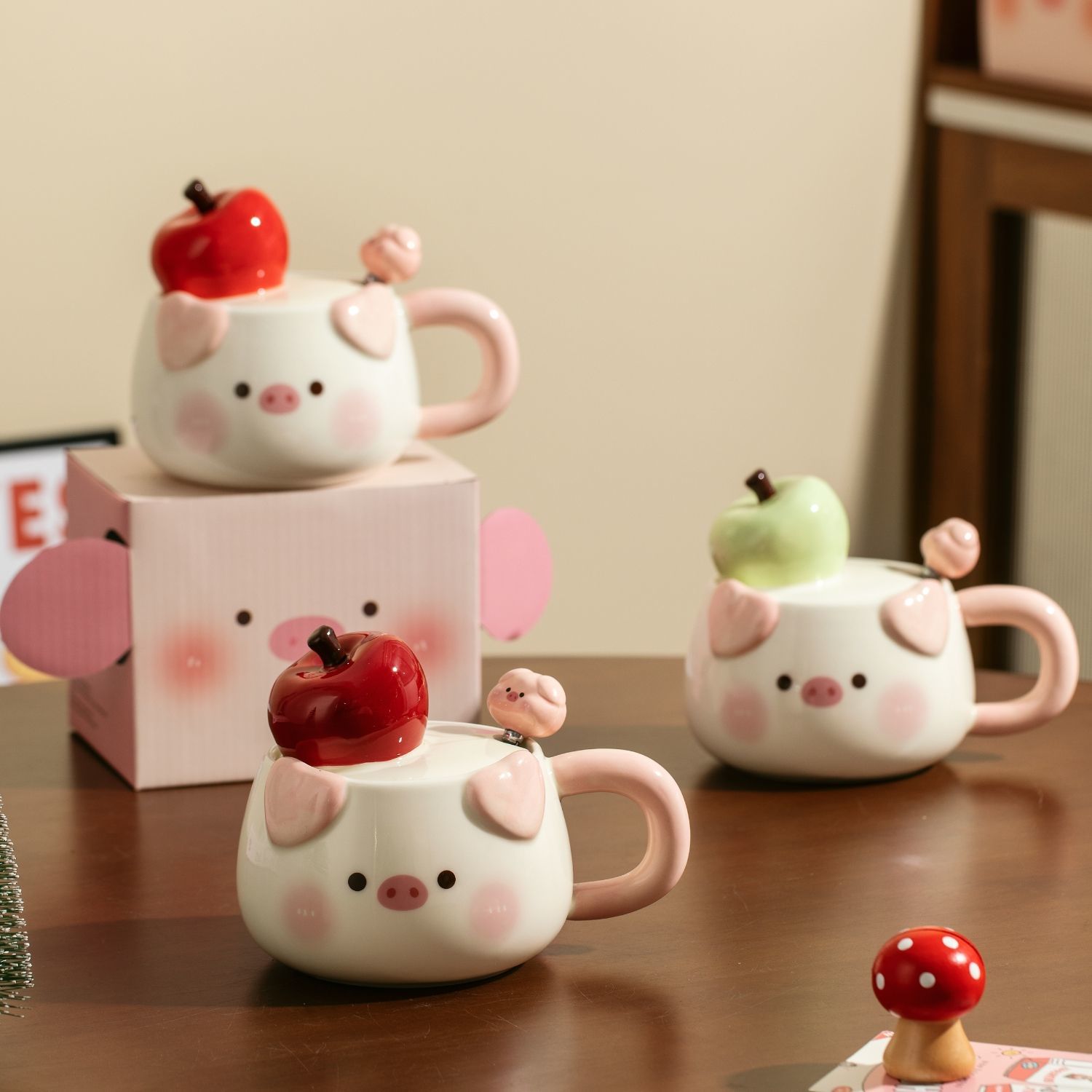 苹果小猪马克杯带盖陶瓷杯子家用水杯2026高颜值生日礼物送女生