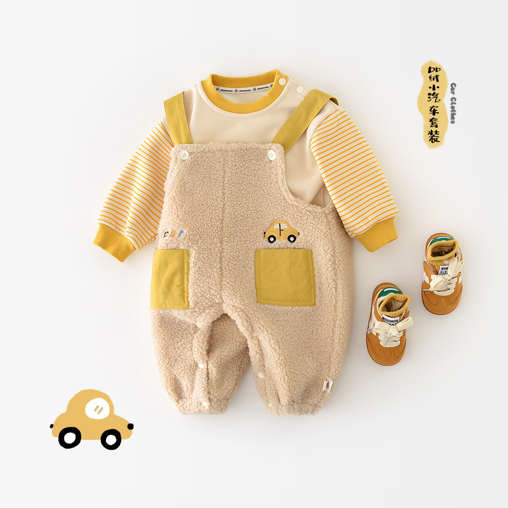 婴儿超萌套装秋冬新款男宝宝卡通加绒卫衣毛毛背带裤连体衣两件套