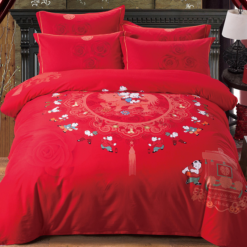 极速百子图四件套全棉红色结婚婚庆加厚磨毛N床单被罩双人床上用