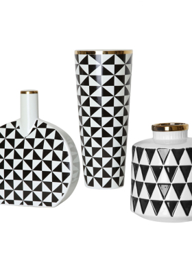 极速简约现代北欧黑白格纹v陶瓷花瓶轻奢样板房间家居软装饰品桌