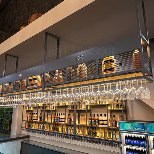 极速吧台酒架上方吊架吊柜收x纳置物架铁艺悬挂红酒杯餐厅酒吧装