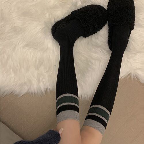 新品网红条纹打底袜女春季百搭加厚保暖长筒M袜子洋气针织小腿袜