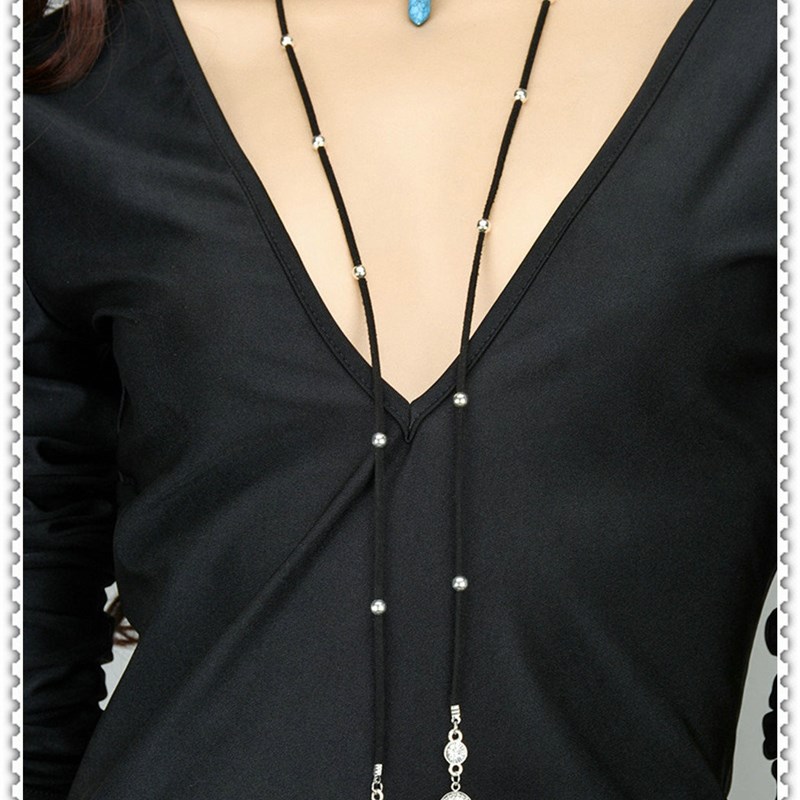 极速 欧美时尚j复古简约风格绒布皮绳天然绿松石吊坠钱币项链