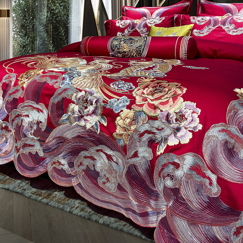 极速100e支新中式婚庆四件套 大红刺绣花结婚床上用品全棉床单