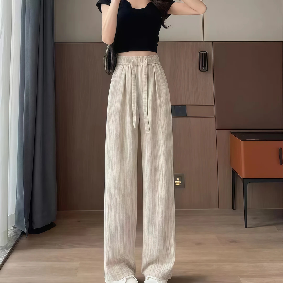 【下单立减50】2025夏季冰丝皱阔腿裤女高腰慵懒裤子女垂感宽松WZ