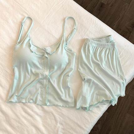 莫代尔纯棉吊带睡衣女款夏季带胸垫一体性感套装夏天辣妹可外穿薄