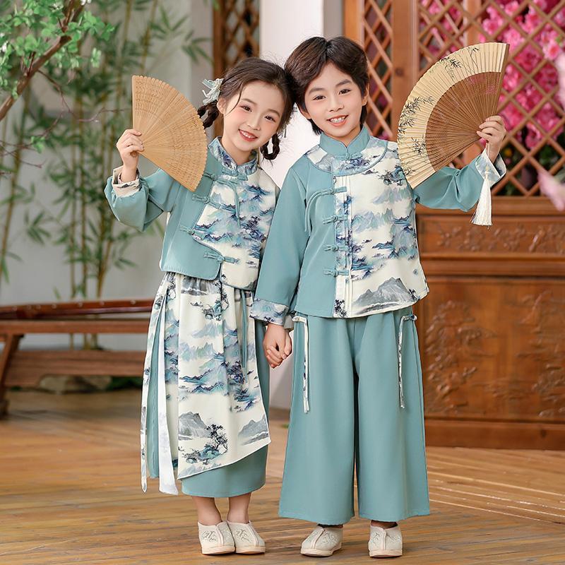 儿童春季国风新中式山水汉服新款男女童唐装国学服古诗朗诵演出服
