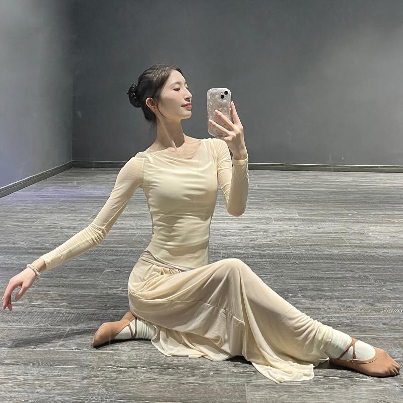 古典舞舞蹈服双层网纱上衣修身显瘦长袖中国民族舞艺考形体练功服