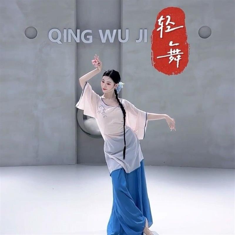 新款古典舞新中式身韵宽松长衫国风刺绣纱衣半裙中国舞练功服演出