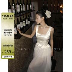 1302LAB 白色缎面收腰拼接网纱背心连衣裙女早春新款女装长裙子