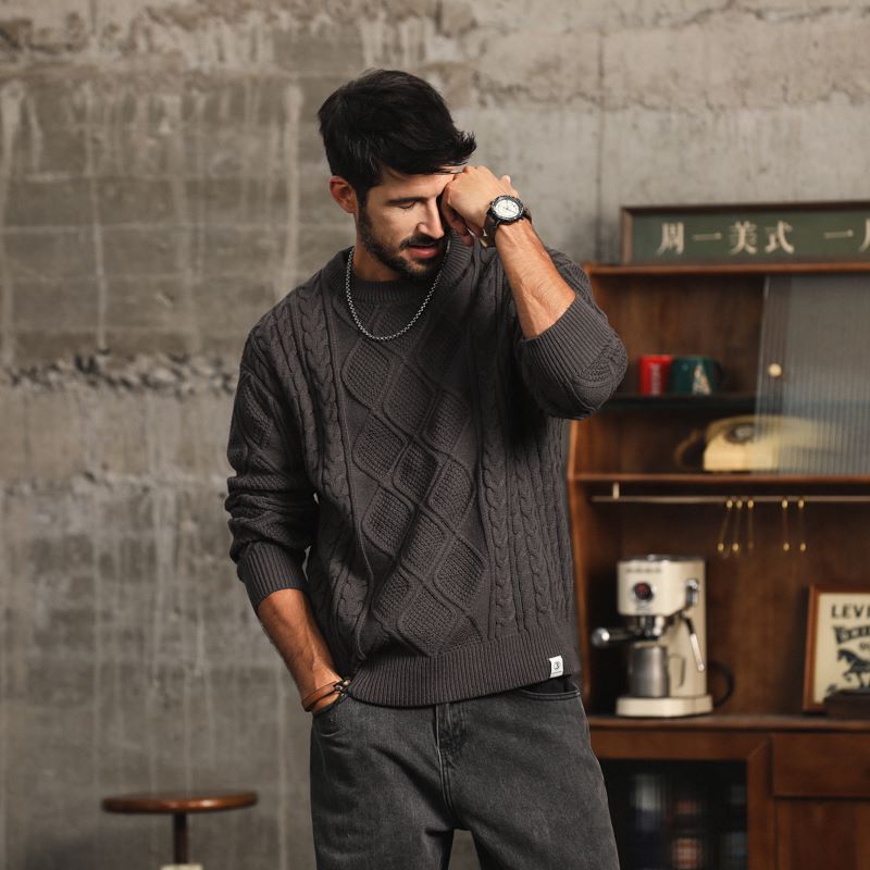 高端潮牌粗针麻花毛衣男士秋冬季宽松休闲套头毛线衣针织衫