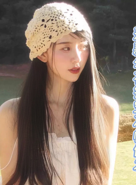 鞠婧祎包头帽假发女长发手工钩织时髦小众复古文艺毛线帽堆堆帽