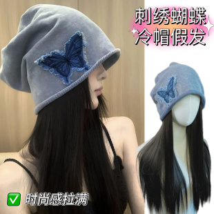 蝴蝶堆堆帽包头帽四季 假发帽子女长发新中式 冷帽大头围整头假发