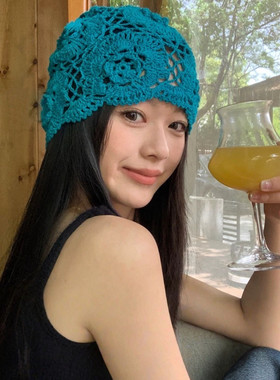手工钩织蓝色堆堆帽女假发四季薄款小众民族风自然女神针织包头帽